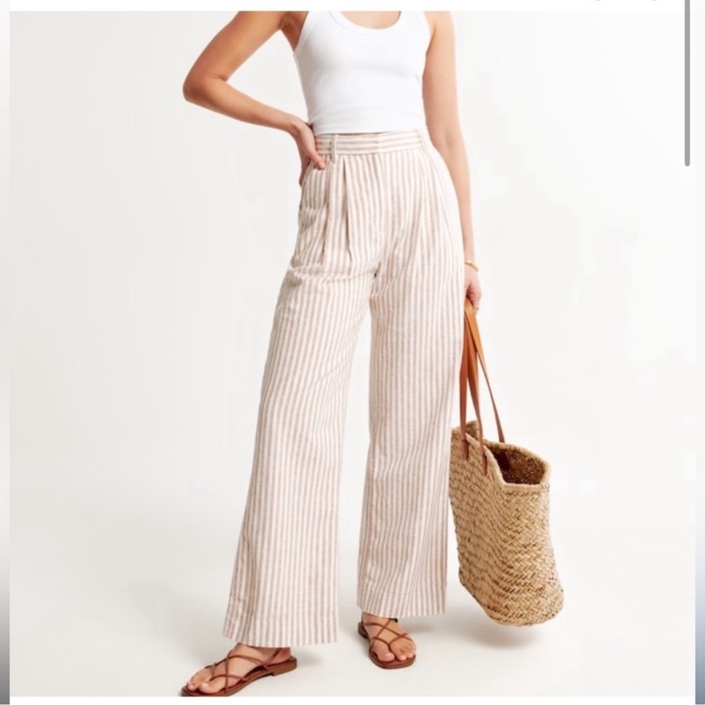 Abercrombie & Fitch Beige and White Striped Wide Leg Pants